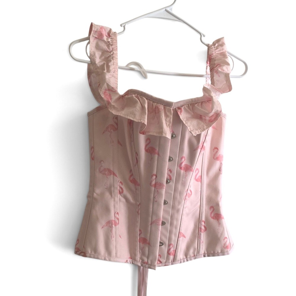Corset Story Pink Flamingo Ruffle Strap Steel Boned Corset Top UK14/US10 M/L